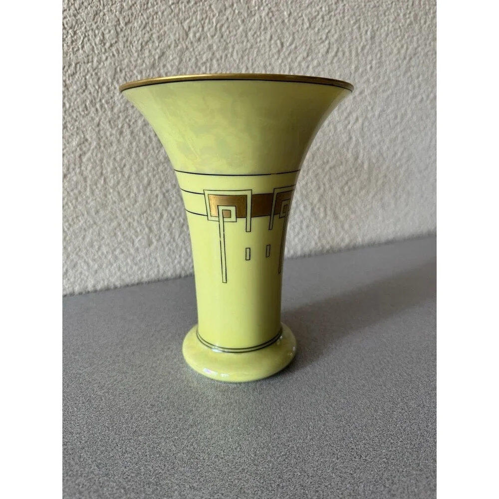 Vintage Art Deco Yellow Ceramic Vase Geometric Gold Black Trumpet 8” Unmarked